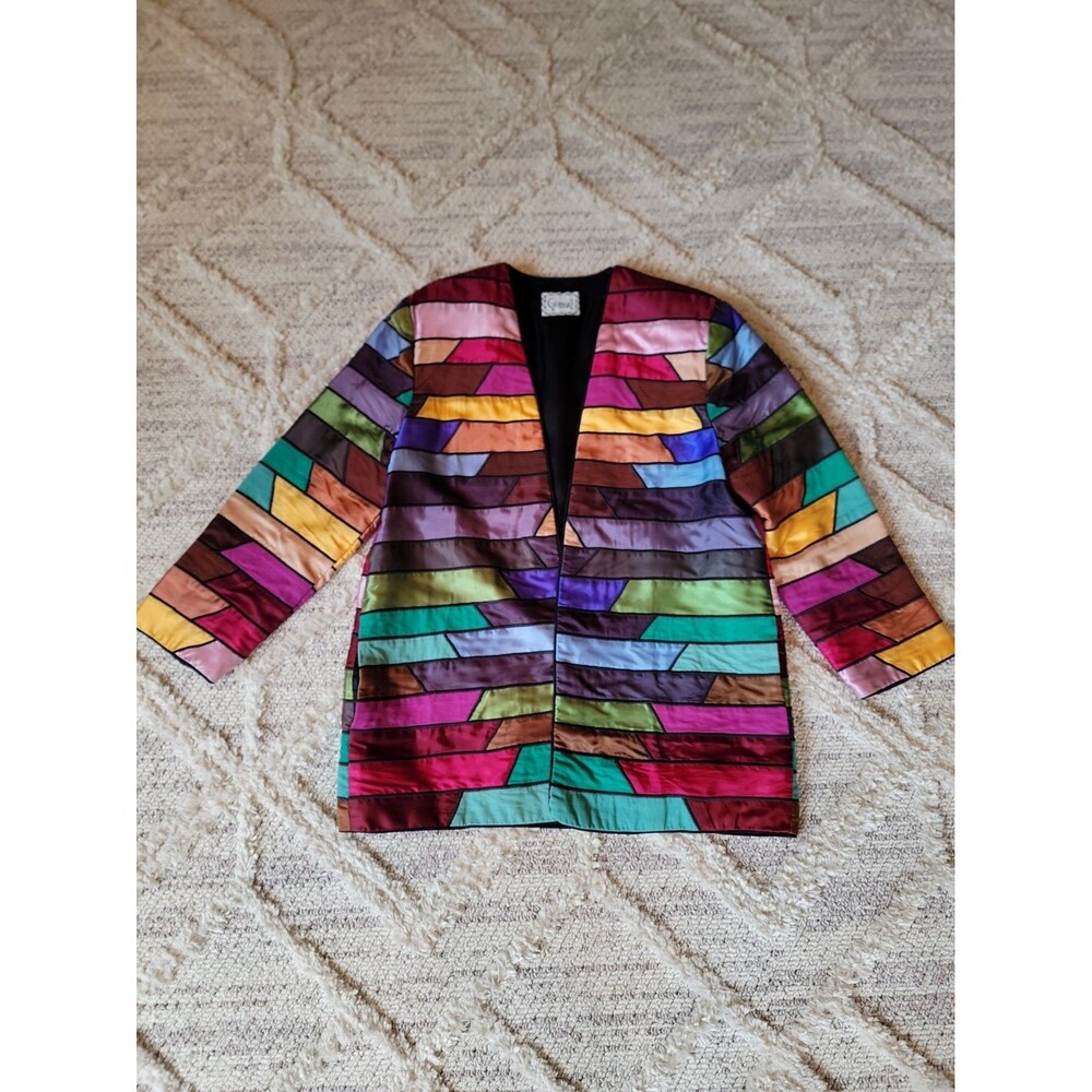Girasol Mexico Art to Wear Patchwork Jacket Multicolor Satin Geometric Women L